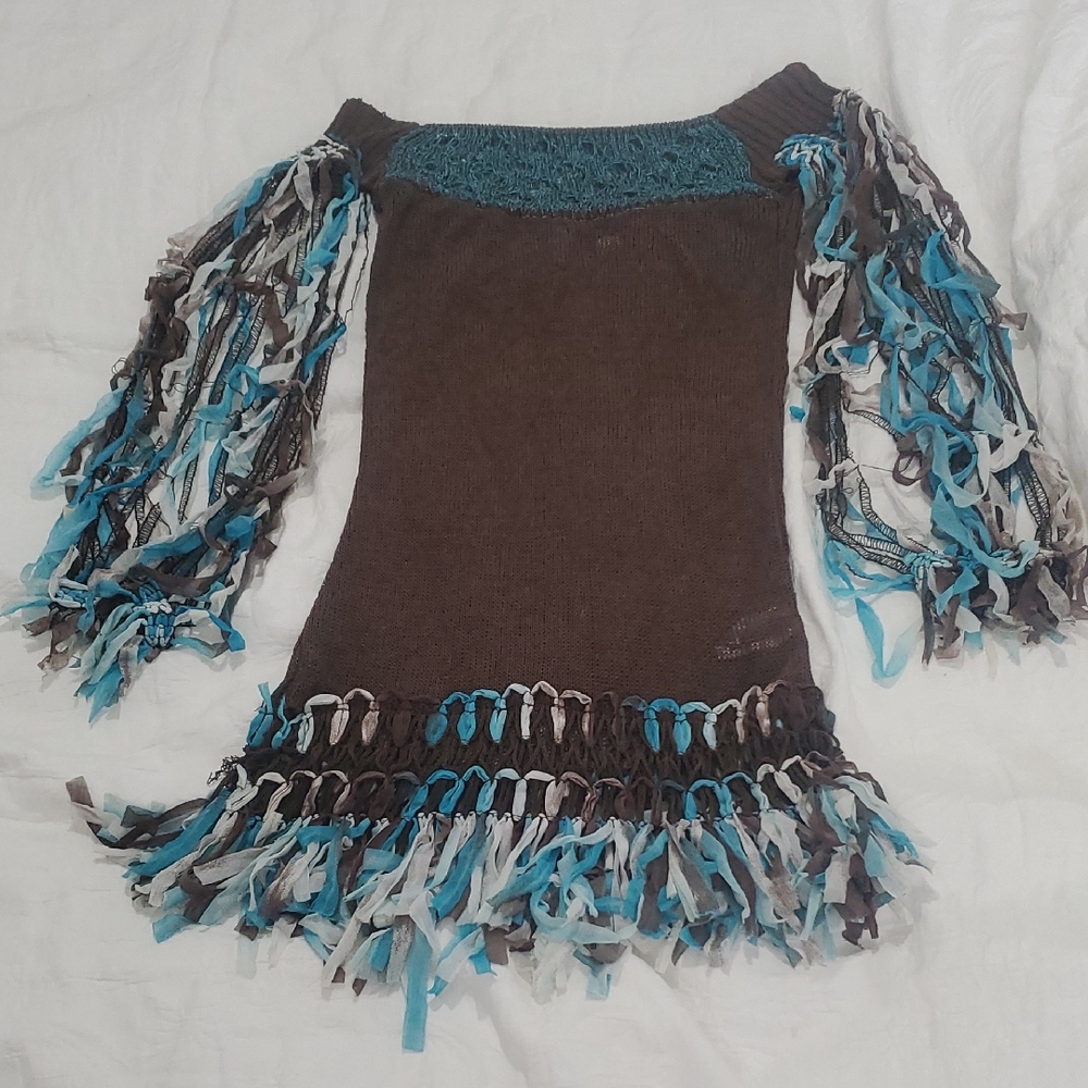Brown and Blue Fringe Women's Top